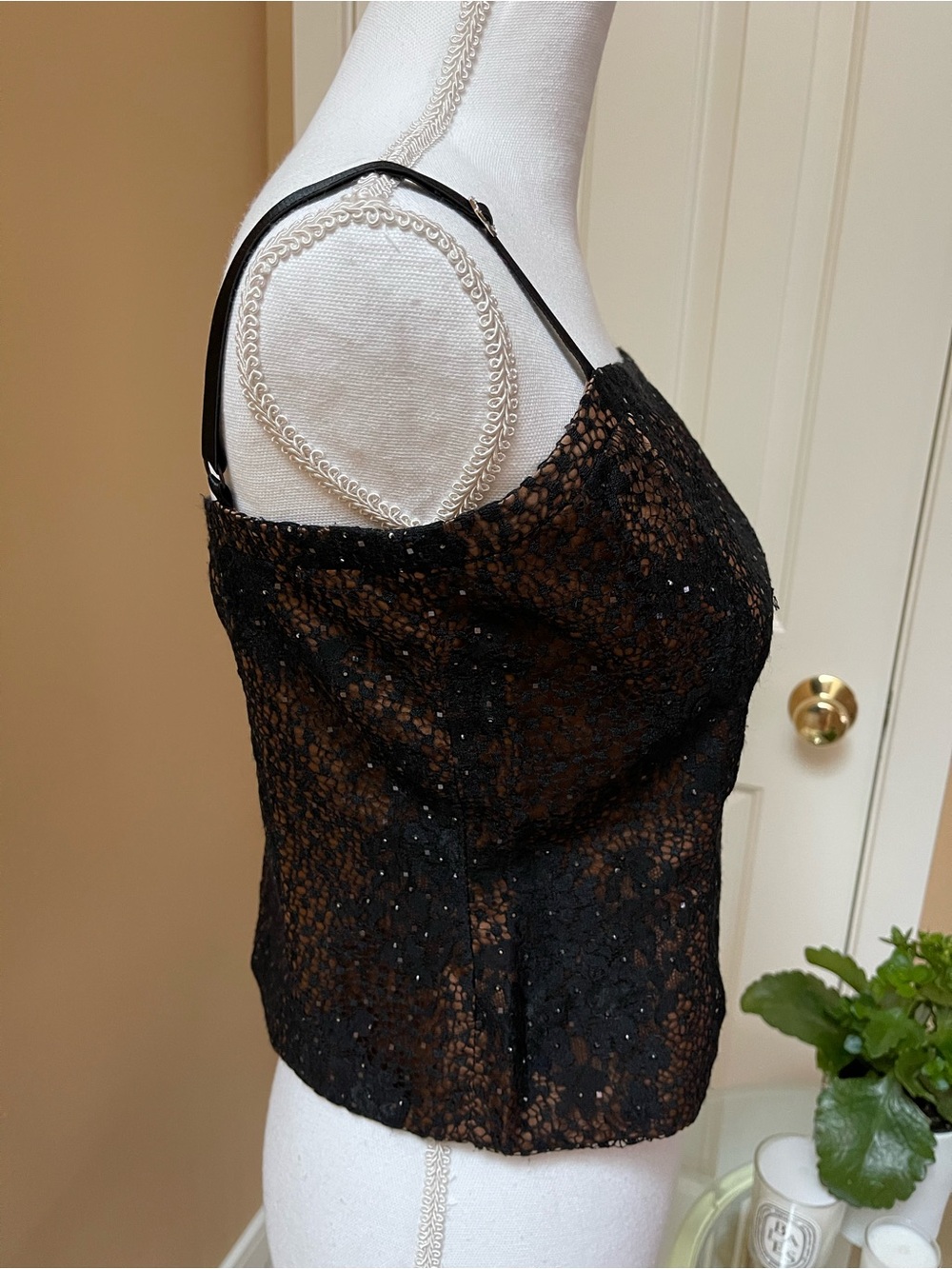 St. John Black Lace Sequin Bustier Top Bronze Lining Size 6 $995 - Picture 7 of 11